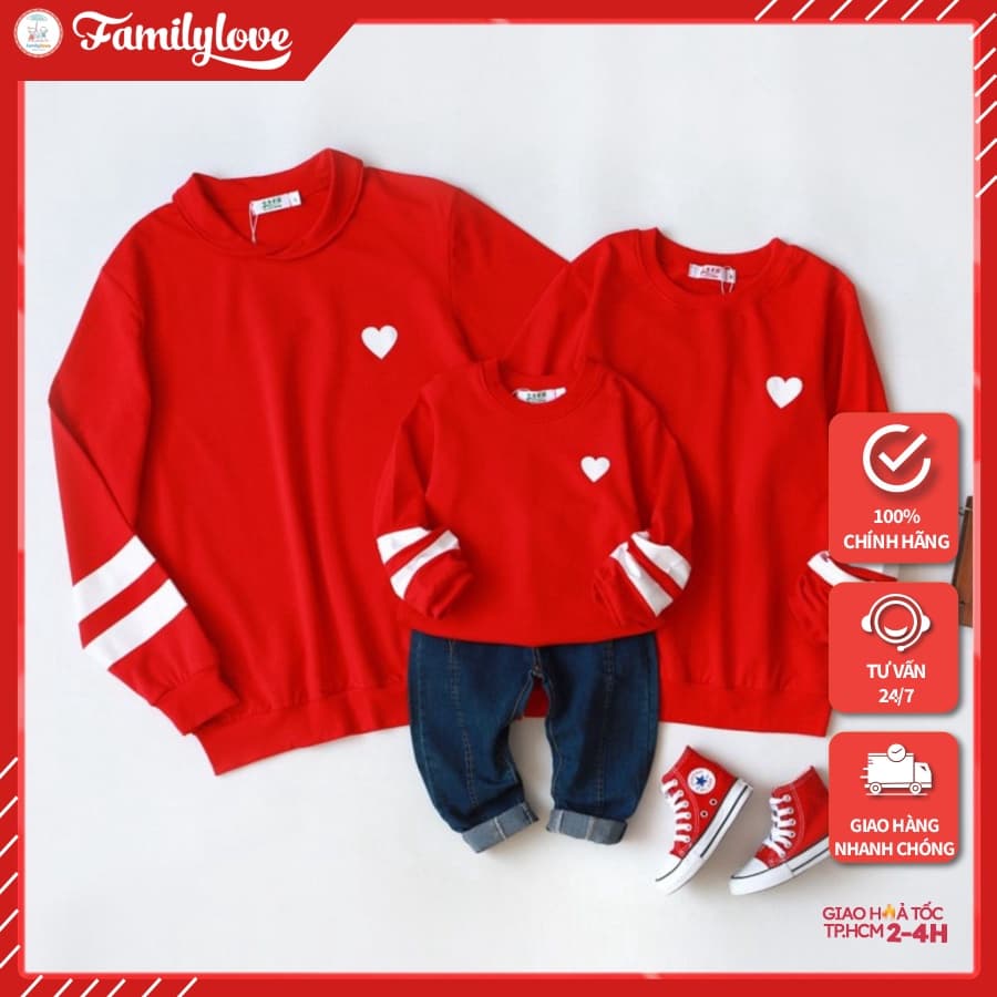 Áo Sweater Gia Đình Familylove - Áo Sweater Đỏ Sọc Tay Logo Trái tim Đẹp Chất Liệu Nỉ Da Cá Cao Cấp — 1