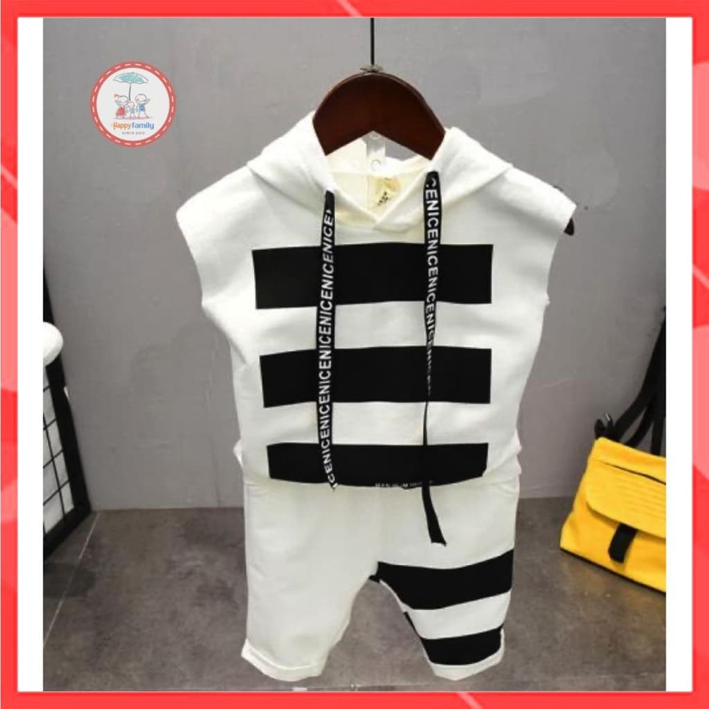 Bộ quần áo bé trai Familylove - Set quần áo có mũ không tay kẻ sọc trẻ em năng động chất cotton 100%  mềm mịn — 1