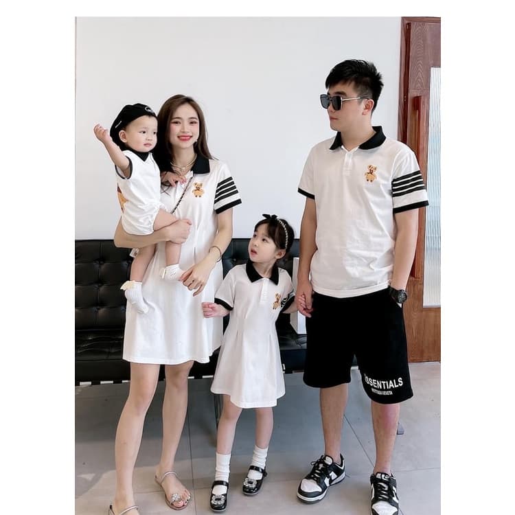 Áo Gia Đình Có Cổ Familylove - Áo Cổ Trụ Polo Đầm Váy Gia Đình Gấu Sọc 2 Bên Tay Chất Cotton — 1