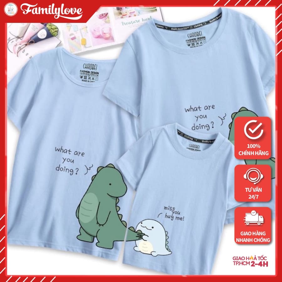 Áo gia đình Familylove - Set gia đình Khủng Long Dinosaure kéo đuôi chất Cotton Hồng Xanh Trắng Đen — 1