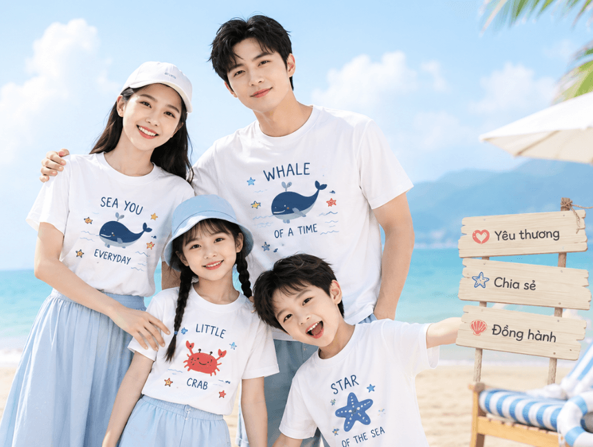 Gia đình mặc áo Familylove đi biển