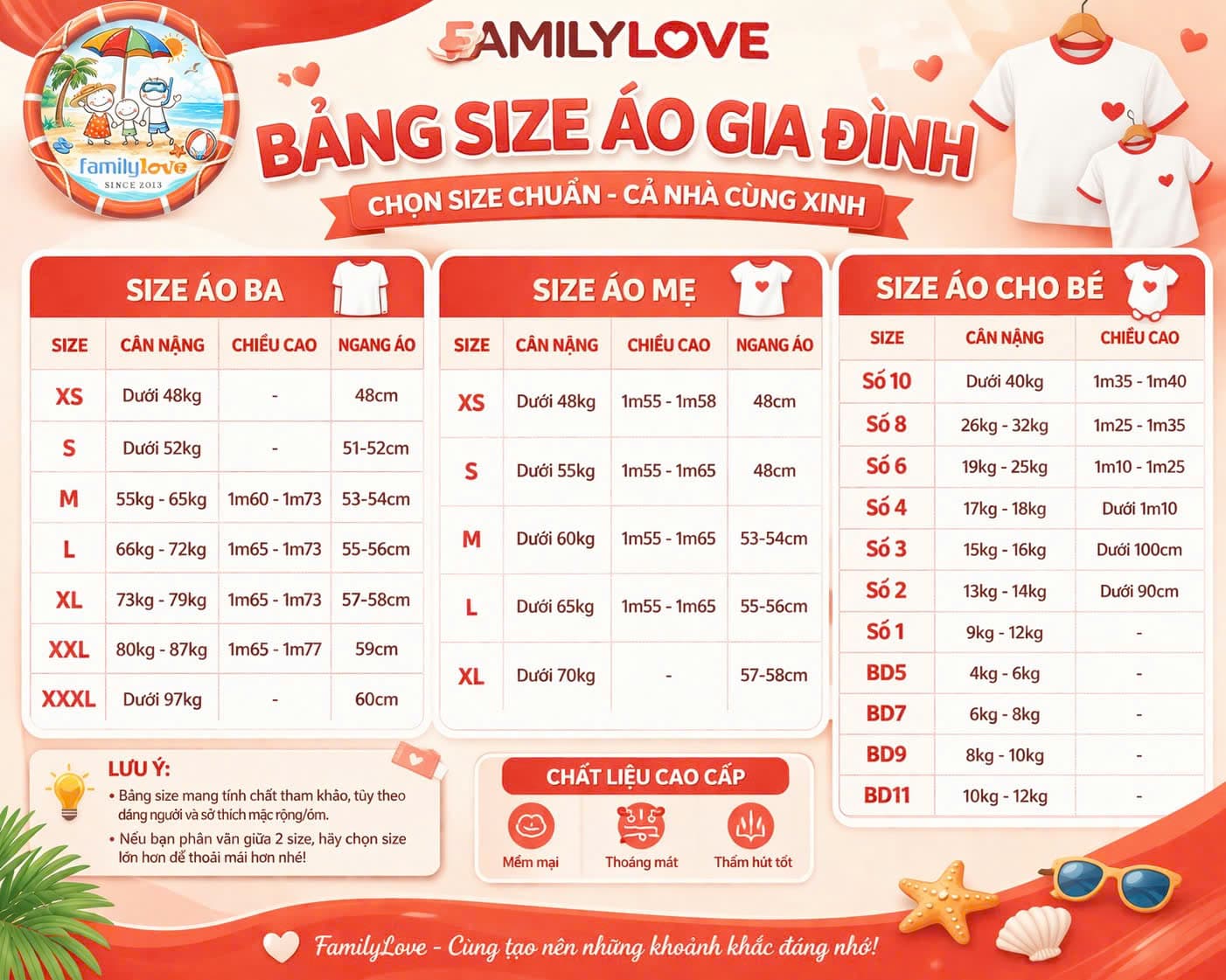 Bảng size áo gia đình Familylove tham khảo