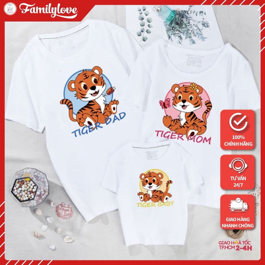 Áo Gia Đình Familylove - Mẫu Đồng Phục Gia Đình Họa Tiết Tiger Family Tiger Dad,mom,baby Chất Cotton