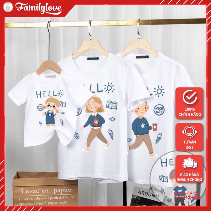 áo gia đình Familylove - đồ gia đình Hello sách vỡ form rộng phối tay chất cotton 100 co giãn loại 1