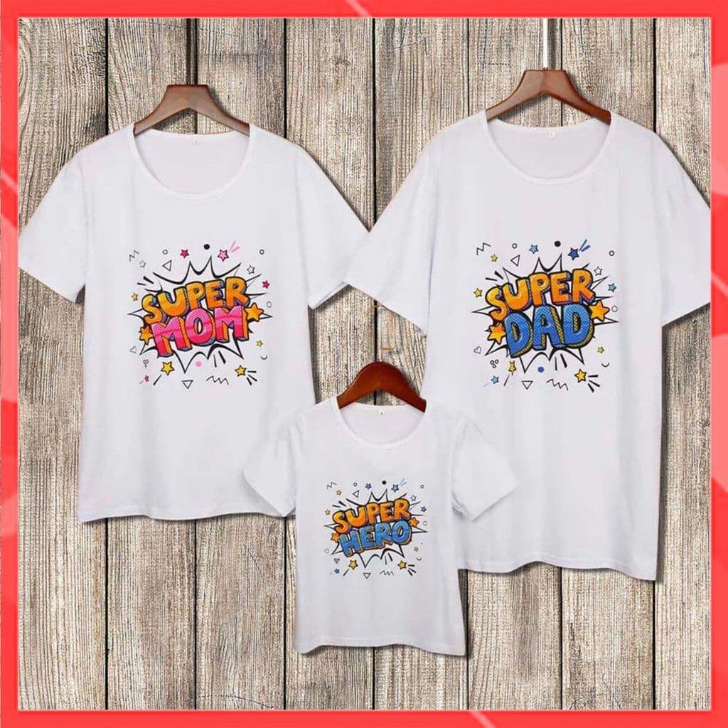 Áo gia đình Familylove - đồ gia đình SUPER MOM, SUPER DAD AND SUPER BABY chất thun cotton 100 co giãn bốn chiều