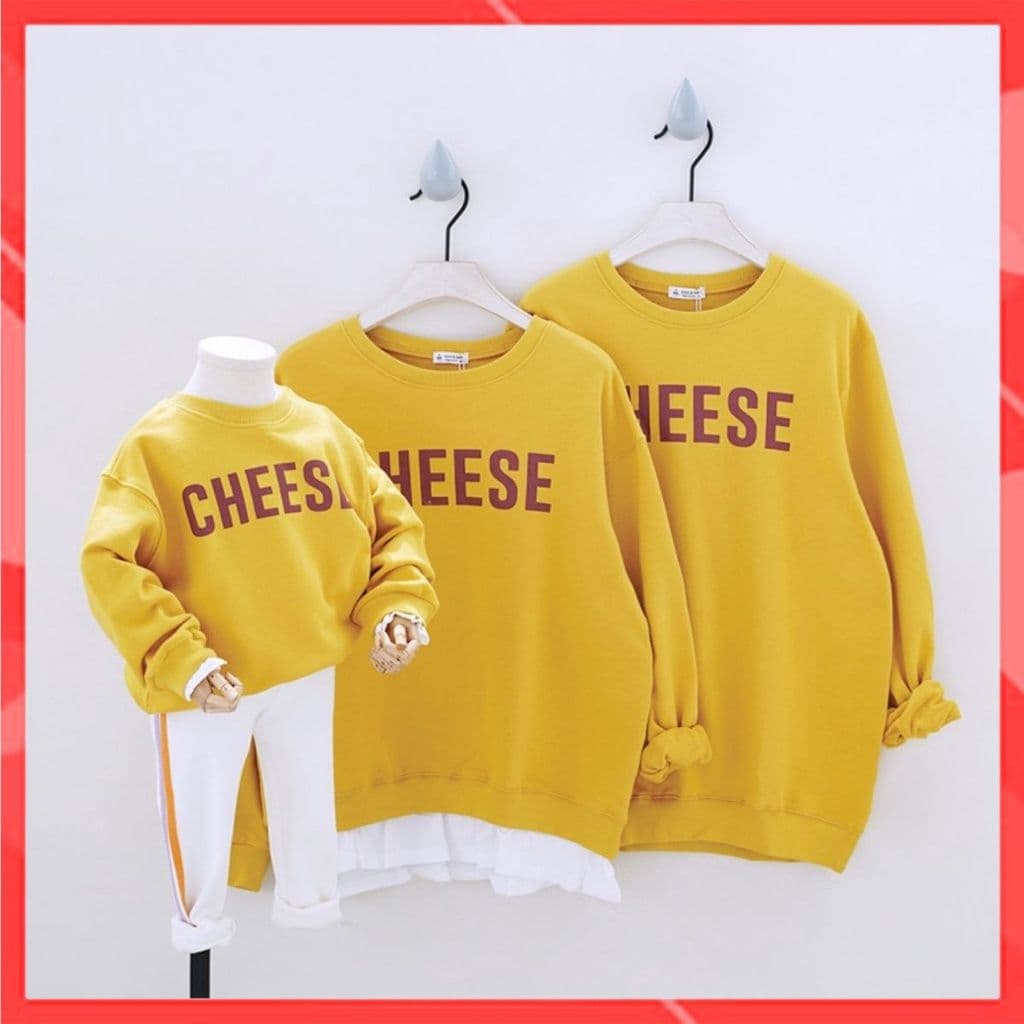 Áo gia đình thu đông dài tay hoodie nỉ cao cấp Familylove – Set gia đình tay dài chữ Cheese đơn giản