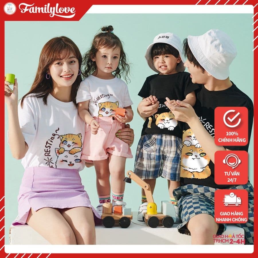 Áo Gia Đình Familylove - Set Đồng Phục Gia Đình Chú Mèo Resting In Góc Chất Liệu Cotton 100% Co Giãn