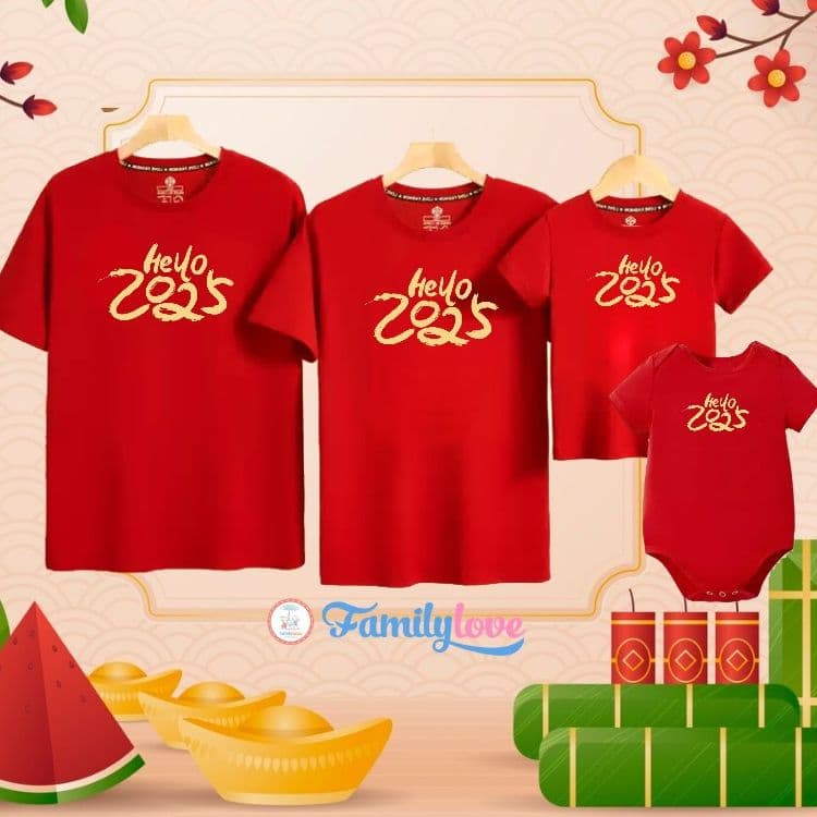 Áo gia đình Tết Familylove - Đồ gia đình Tết Hello 2025 chú rắn cotton 100% - 4 màu Đỏ Trắng Đen Kem