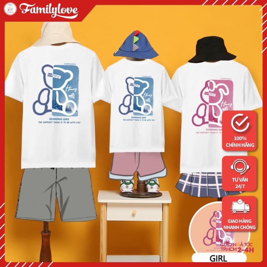 Áo Gia Đình Familylove - Set Gia Đình Graphics Gấu Và Thỏ Đáng Yêu Happy Honey Chất Liệu Cotton 100%