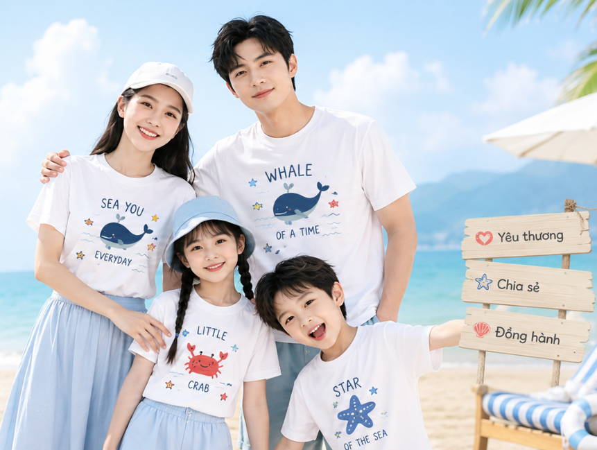 Gia đình mặc áo Familylove đi biển