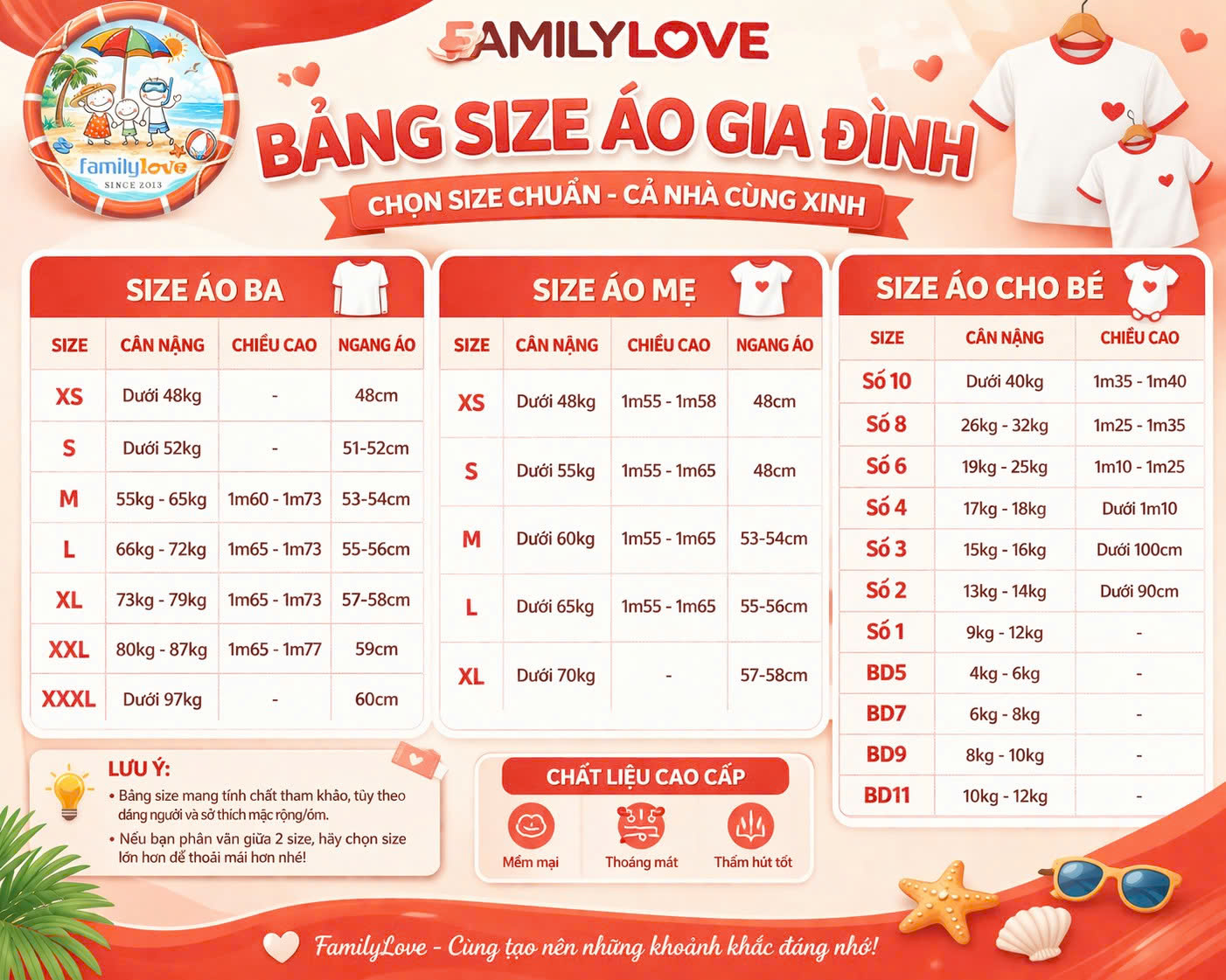 Bảng size áo gia đình Familylove